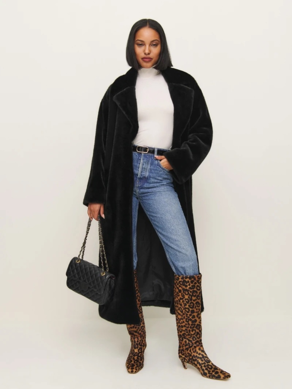 Reformation Chloe Faux Fir Coat Black New Size M